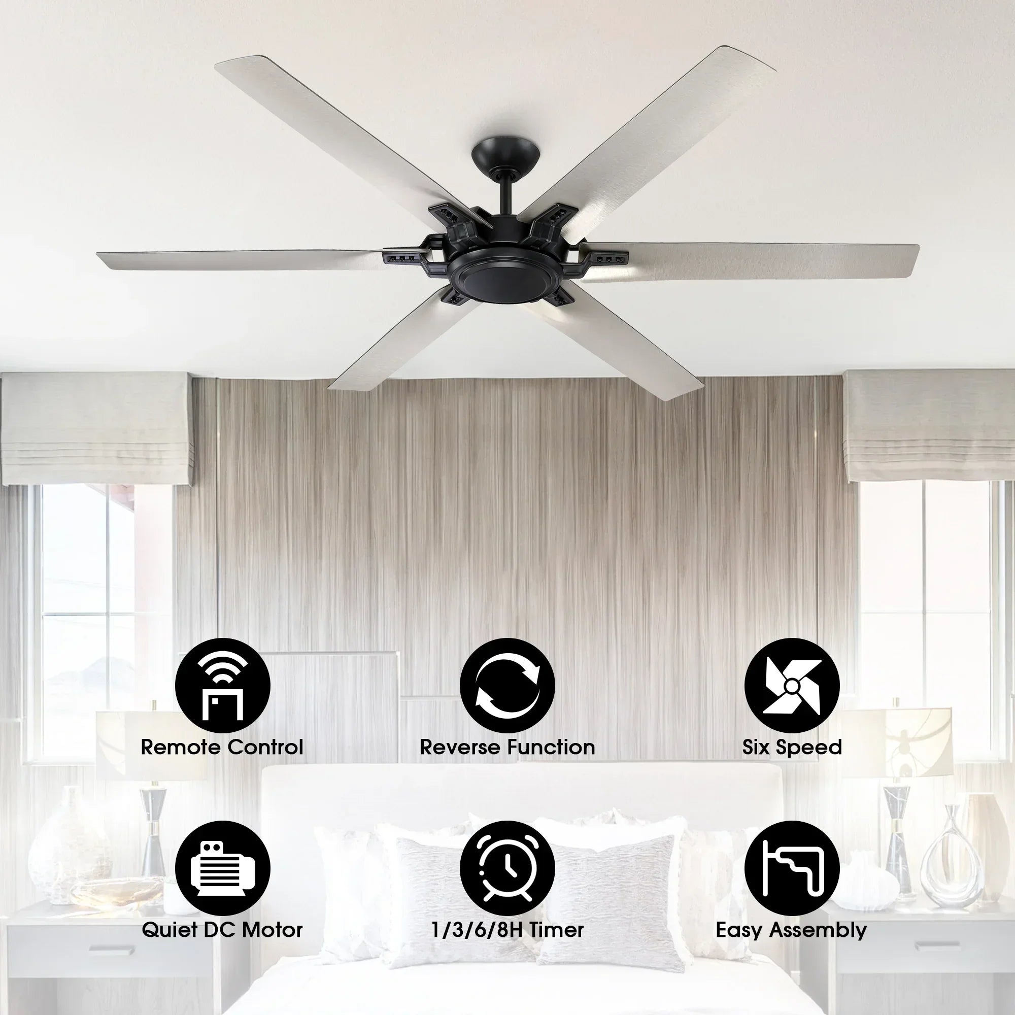 Black industrial ceiling fan with 5 blades on ceiling with remote feature icons.