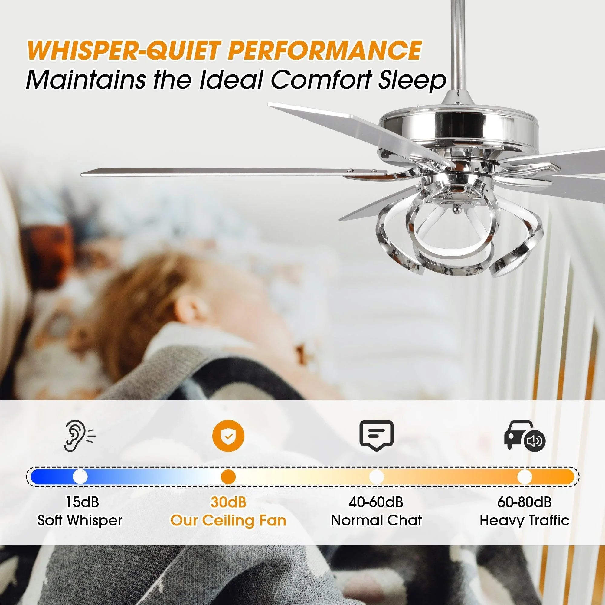 Chrome ceiling fan with integrated light designed for quiet operation