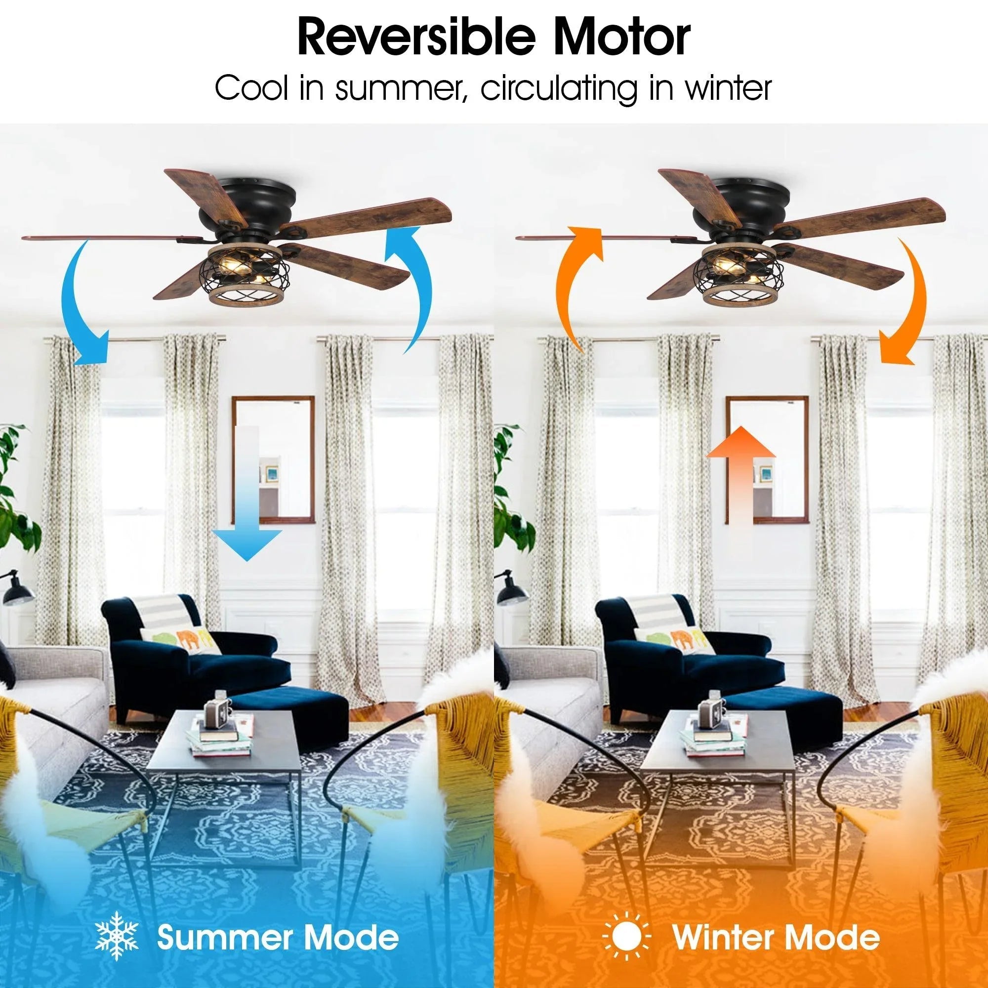 Reversible ceiling fan with black motor and wood blades for changing airflow direction