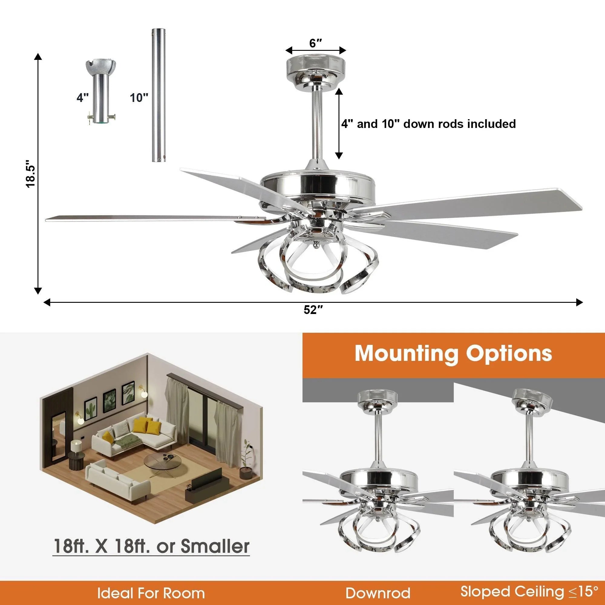 Parrot Uncle chrome ceiling fan with reversible blades and integrated light kit.