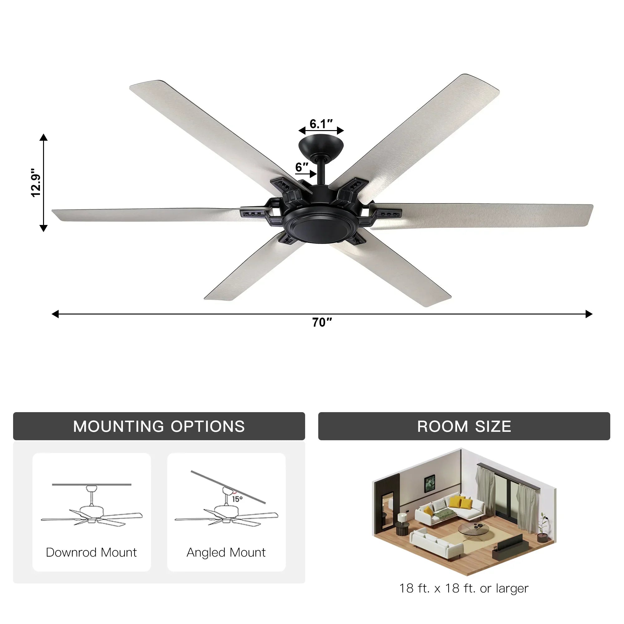 Ceiling fan size and mounting diagram showing 70-inch width and room size guidance