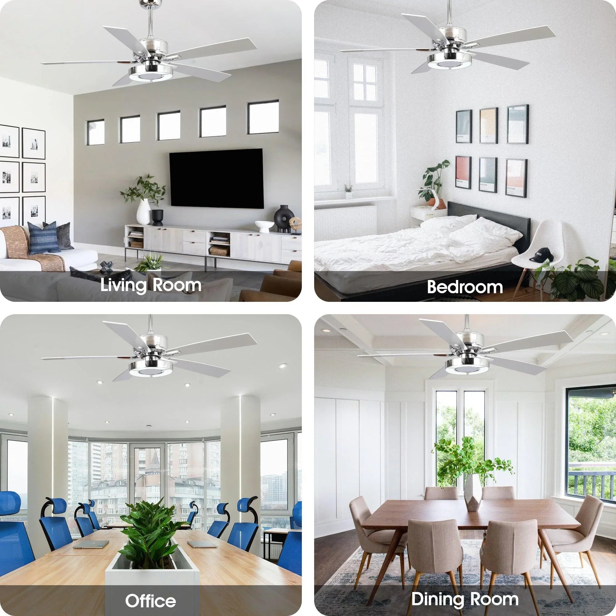 Chrome ceiling fan with integrated LED light and five reversible blades