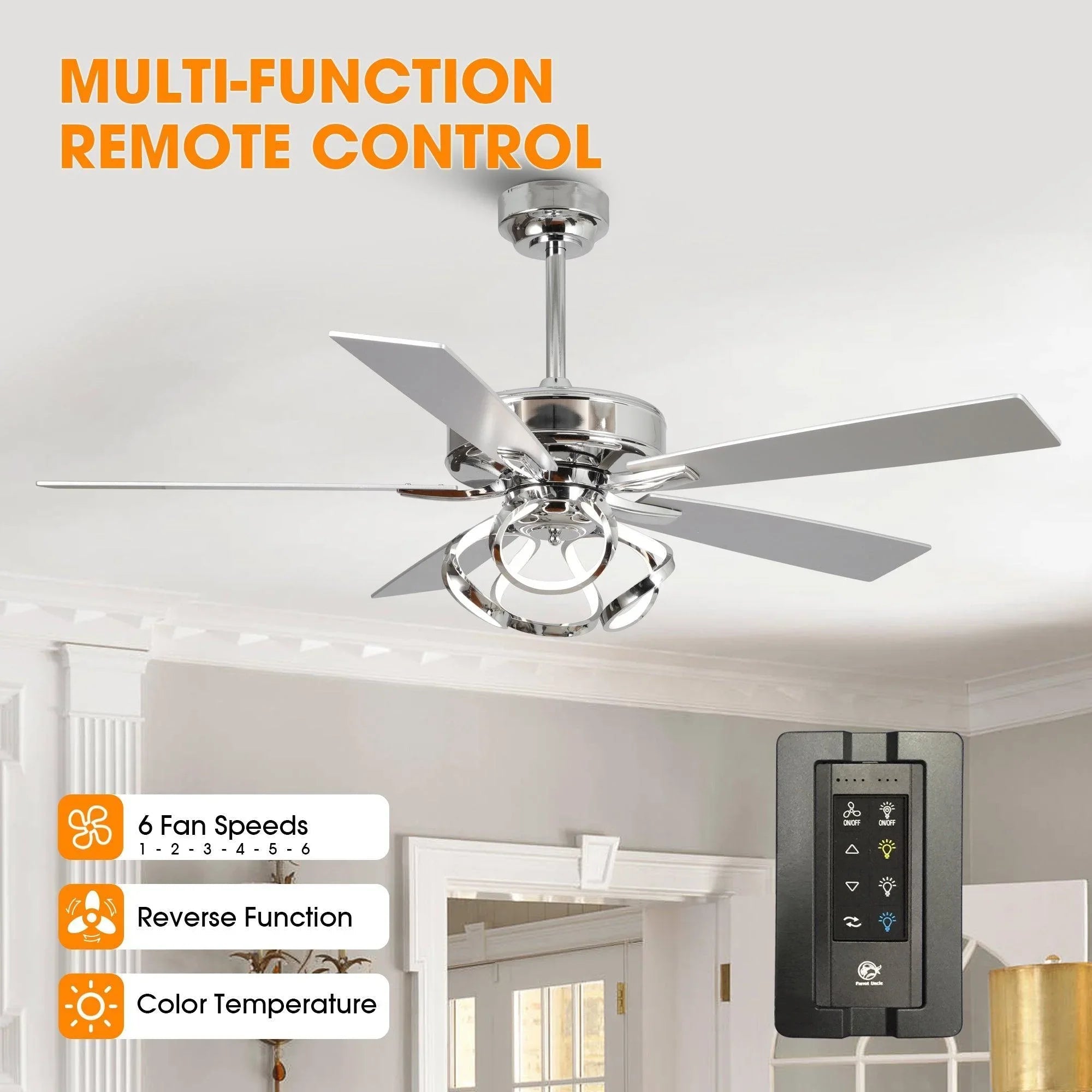 Chrome ceiling fan with integrated light and multi-function remote control