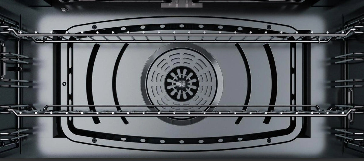 Dual-fuel gas range oven interior with visible heating fan and rack