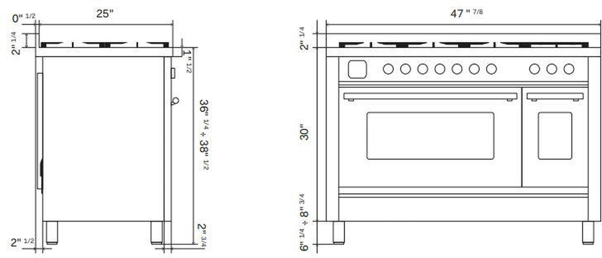 ILVE freestanding dual fuel range technical dimensions diagram with front measurements