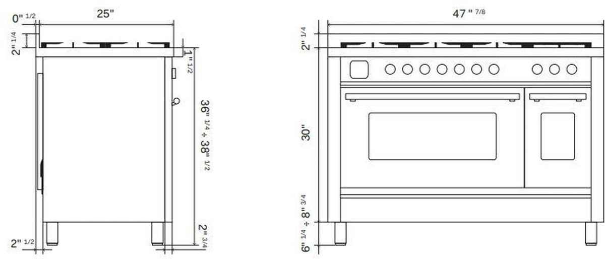 ILVE range technical dimensions diagram with front and side measurements