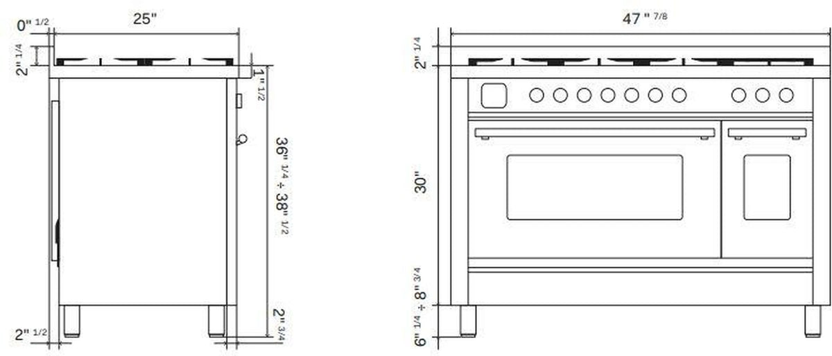 Dual-fuel range dimension line drawing with front and top measurements