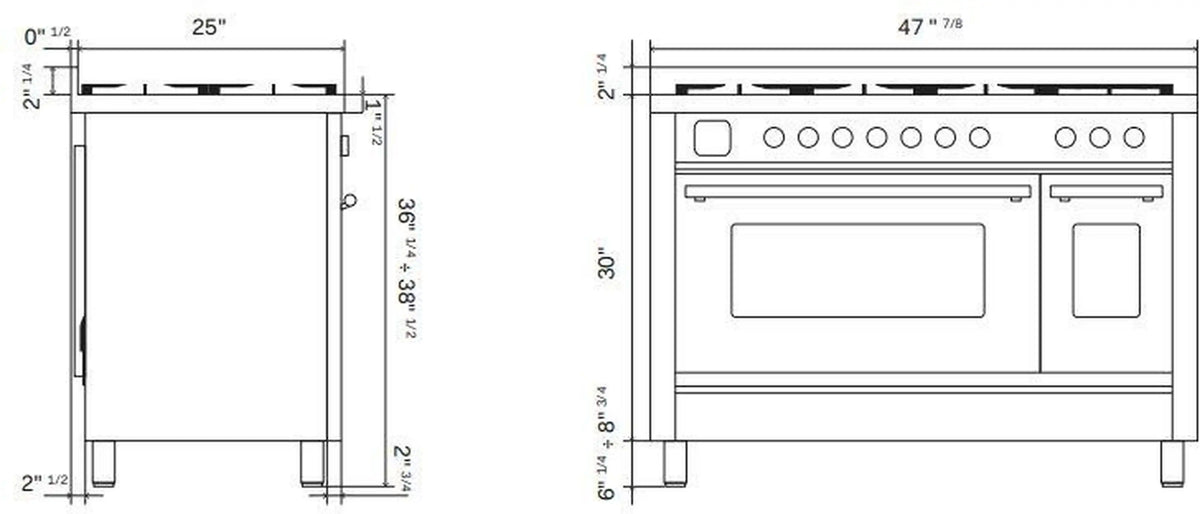 ILVE range dimensions line drawing with measurements
