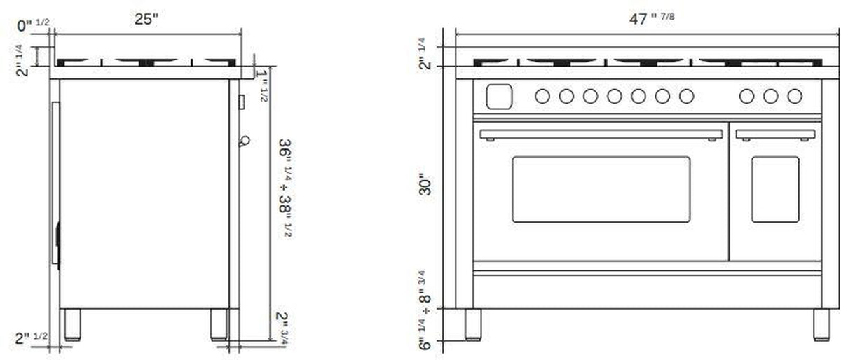 Gas range technical line drawing with front and side dimensions