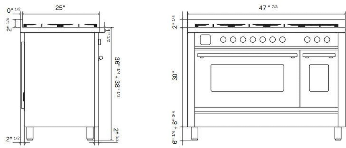 ILVE 48-inch dual-fuel range dimension diagram showing height, width, and depth