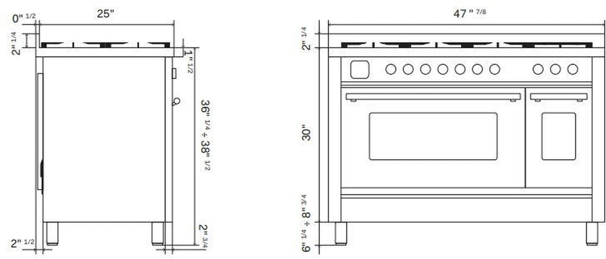 Technical dimension diagram of the range, showing front and side views with measurements