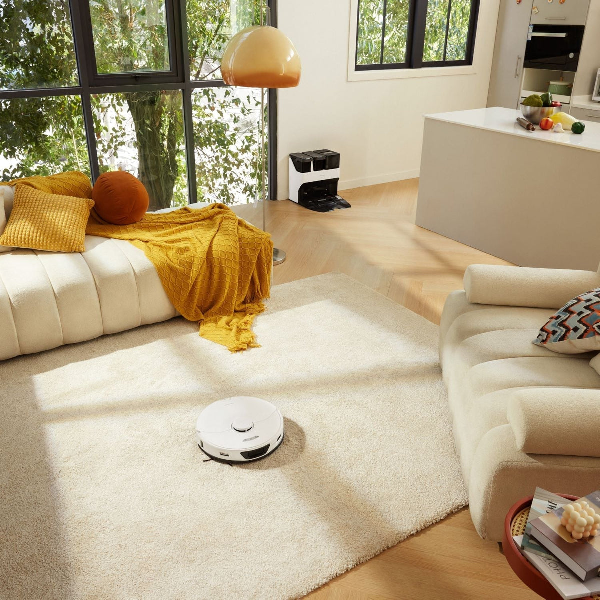 White robot vacuum on light carpet with charging dock station nearby