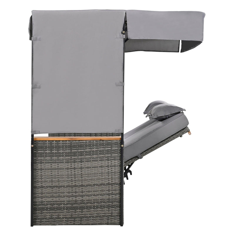 Parrot Uncle 2-Piece Outdoor Rattan Daybed with Bench Lounge Roof Set and Cushions for Poolside, Backyard and Garden