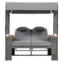 Parrot Uncle 2-Piece Outdoor Rattan Daybed with Bench Lounge Roof Set and Cushions for Poolside, Backyard and Garden