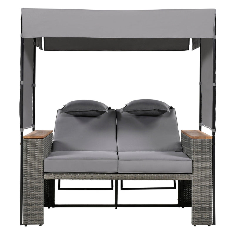 Parrot Uncle 2-Piece Outdoor Rattan Daybed with Bench Lounge Roof Set and Cushions for Poolside, Backyard and Garden