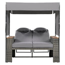 Parrot Uncle 2-Piece Outdoor Rattan Daybed with Bench Lounge Roof Set and Cushions for Poolside, Backyard and Garden