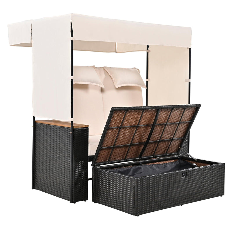 Parrot Uncle 2-Piece Outdoor Rattan Daybed with Bench Lounge Roof Set and Cushions for Poolside, Backyard and Garden