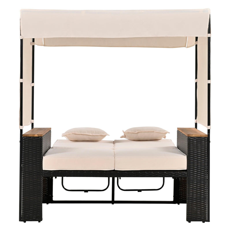 Parrot Uncle 2-Piece Outdoor Rattan Daybed with Bench Lounge Roof Set and Cushions for Poolside, Backyard and Garden