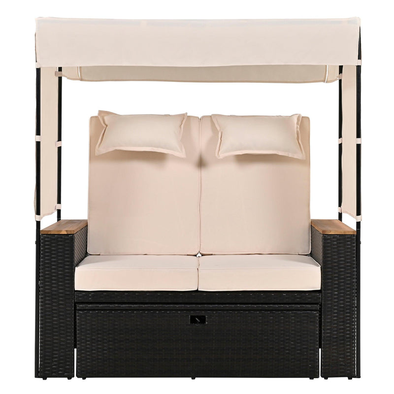 Parrot Uncle 2-Piece Outdoor Rattan Daybed with Bench Lounge Roof Set and Cushions for Poolside, Backyard and Garden