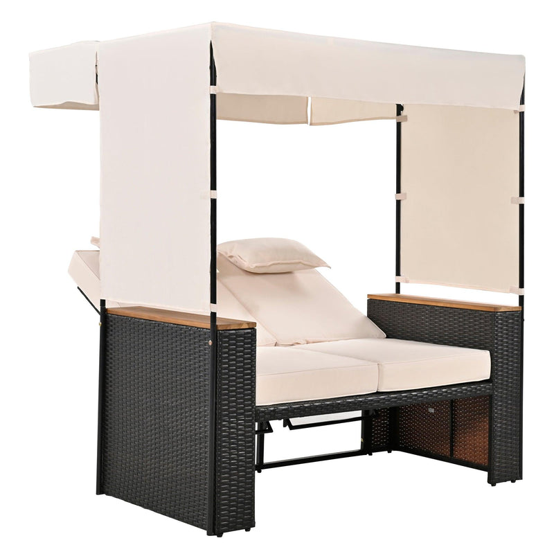 Parrot Uncle 2-Piece Outdoor Rattan Daybed with Bench Lounge Roof Set and Cushions for Poolside, Backyard and Garden