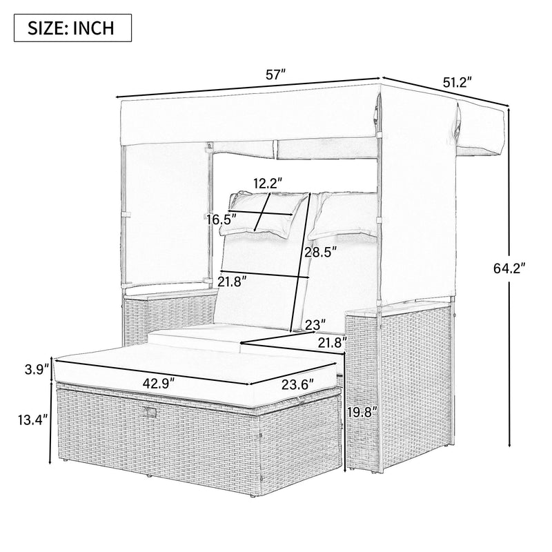 Parrot Uncle 2-Piece Outdoor Rattan Daybed with Bench Lounge Roof Set and Cushions for Poolside, Backyard and Garden