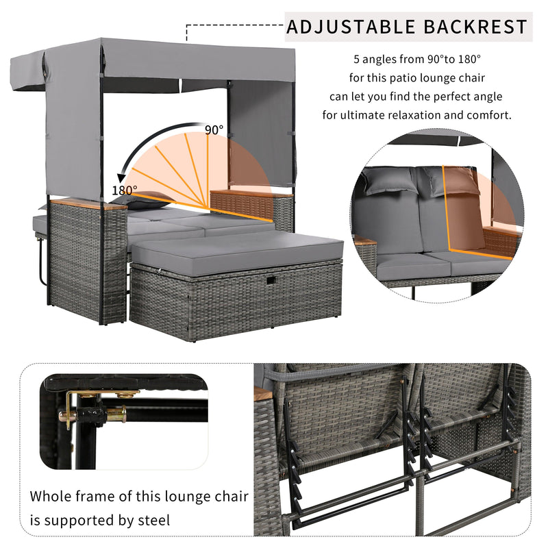 Parrot Uncle 2-Piece Outdoor Rattan Daybed with Bench Lounge Roof Set and Cushions for Poolside, Backyard and Garden