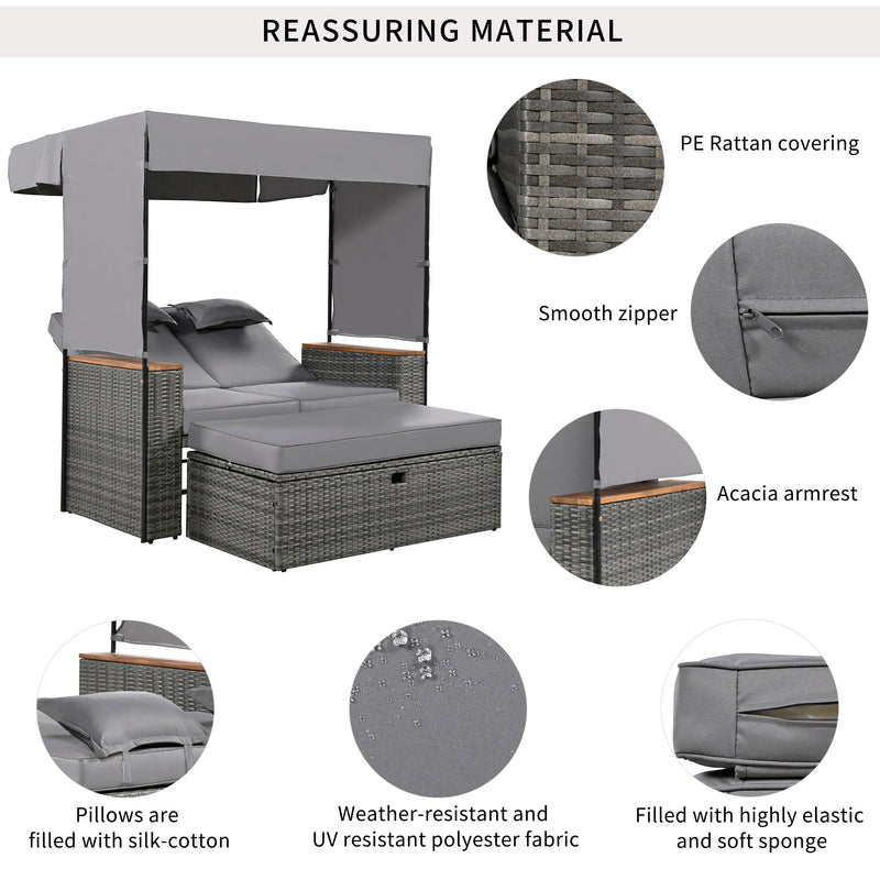Parrot Uncle 2-Piece Outdoor Rattan Daybed with Bench Lounge Roof Set and Cushions for Poolside, Backyard and Garden