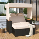 Parrot Uncle 2-Piece Outdoor Rattan Daybed with Bench Lounge Roof Set and Cushions for Poolside, Backyard and Garden