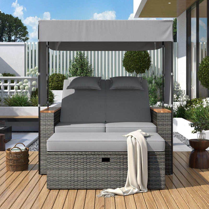 Parrot Uncle 2-Piece Outdoor Rattan Daybed with Bench Lounge Roof Set and Cushions for Poolside, Backyard and Garden