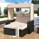 Parrot Uncle 2-Piece Outdoor Rattan Daybed with Bench Lounge Roof Set and Cushions for Poolside, Backyard and Garden