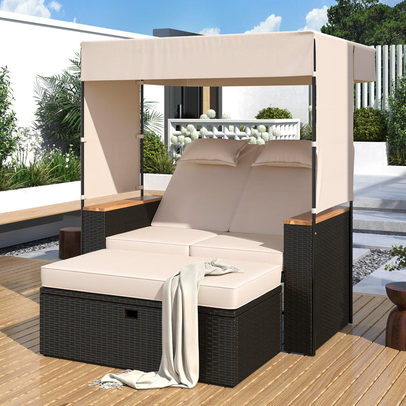 Parrot Uncle 2-Piece Outdoor Rattan Daybed with Bench Lounge Roof Set and Cushions for Poolside, Backyard and Garden