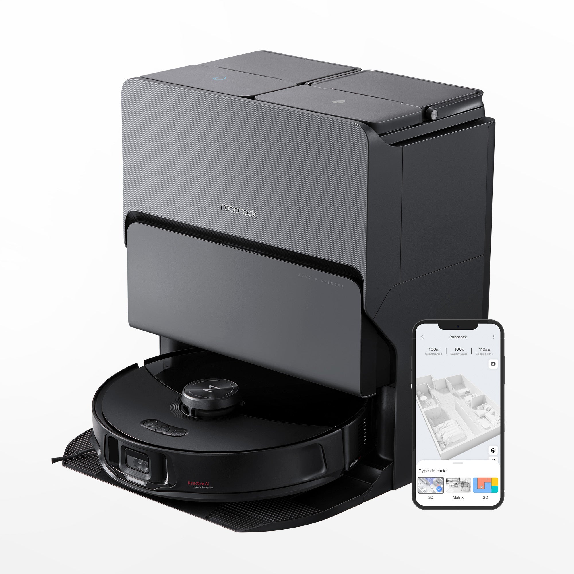 Black robotic vacuum docked in RockDock Ultra base with smartphone app control