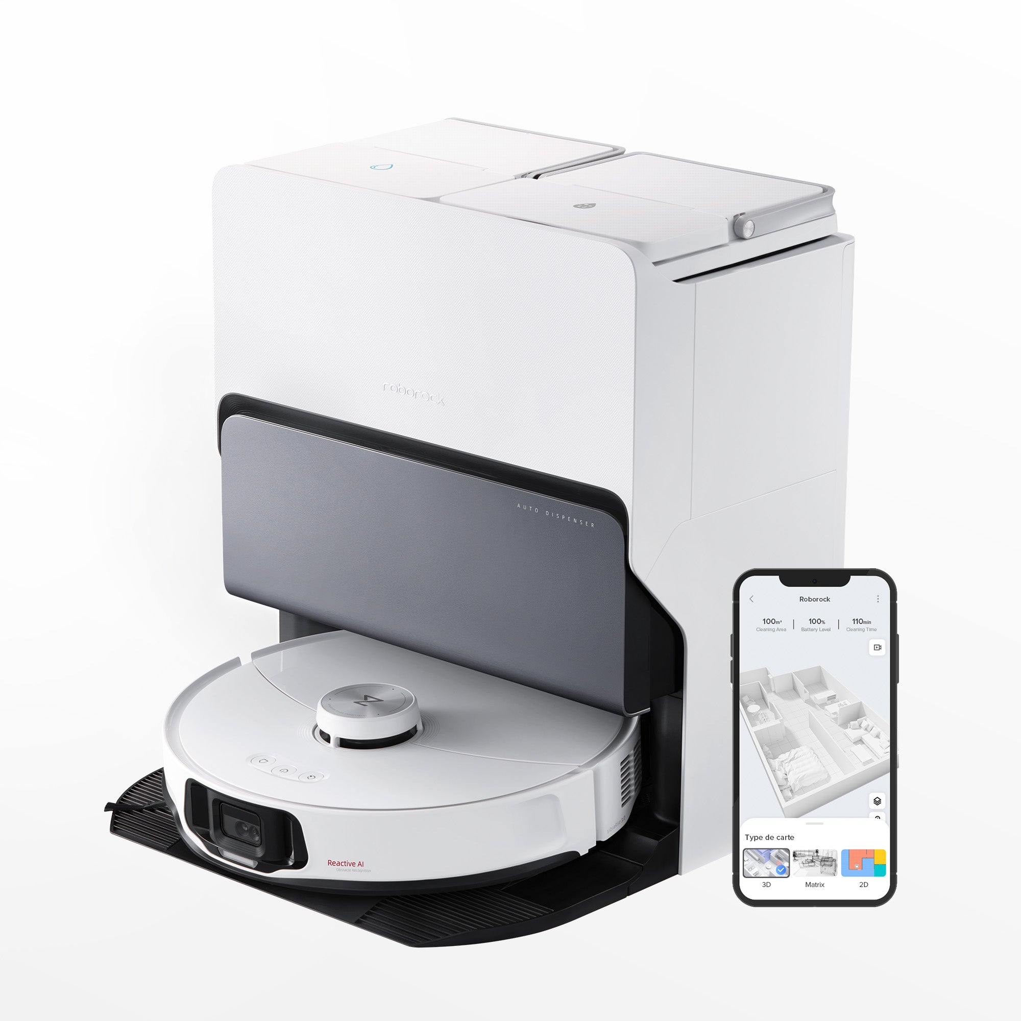 White robotic vacuum docked in RockDock Ultra base with smartphone app control
