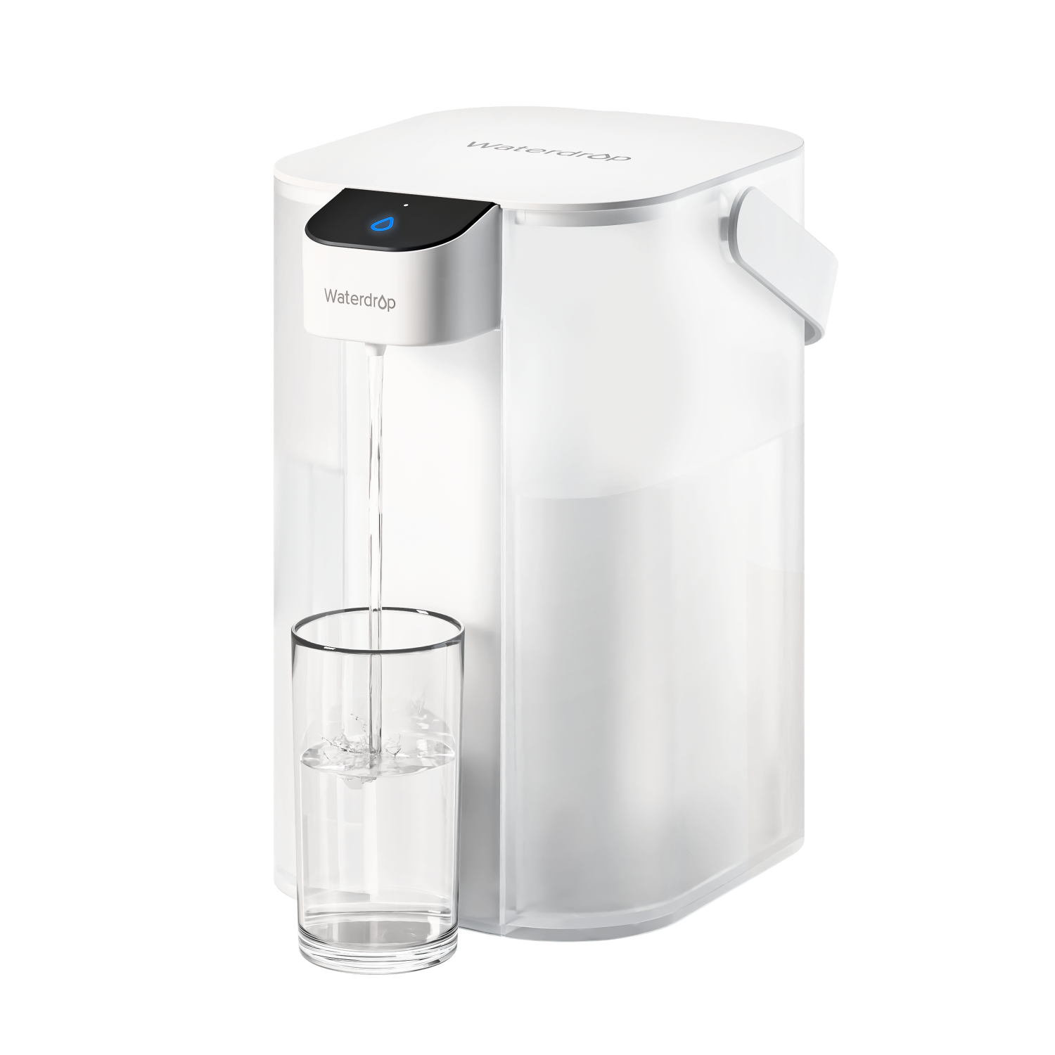 White electric water filter dispenser with spout and clear drinking cup