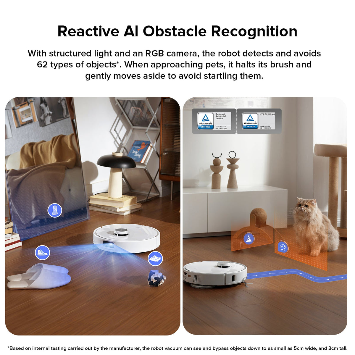 Roborock robot vacuum navigating around furniture with obstacle sensors and camera
