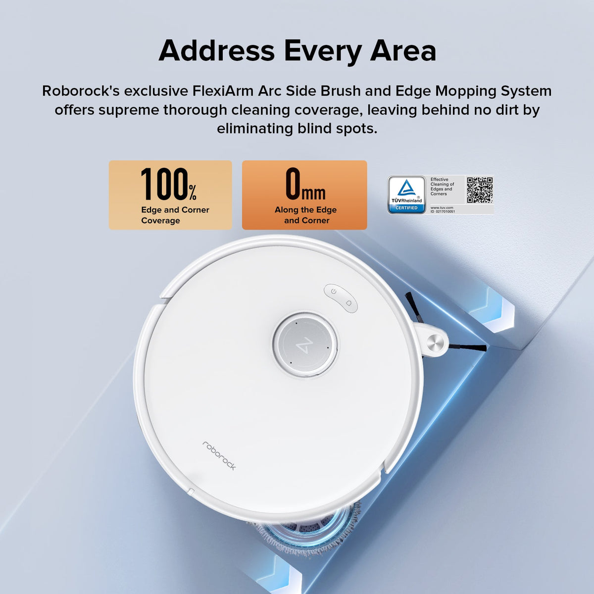 Roborock robot vacuum corner cleaning with blue edge lights and circular cleaning head