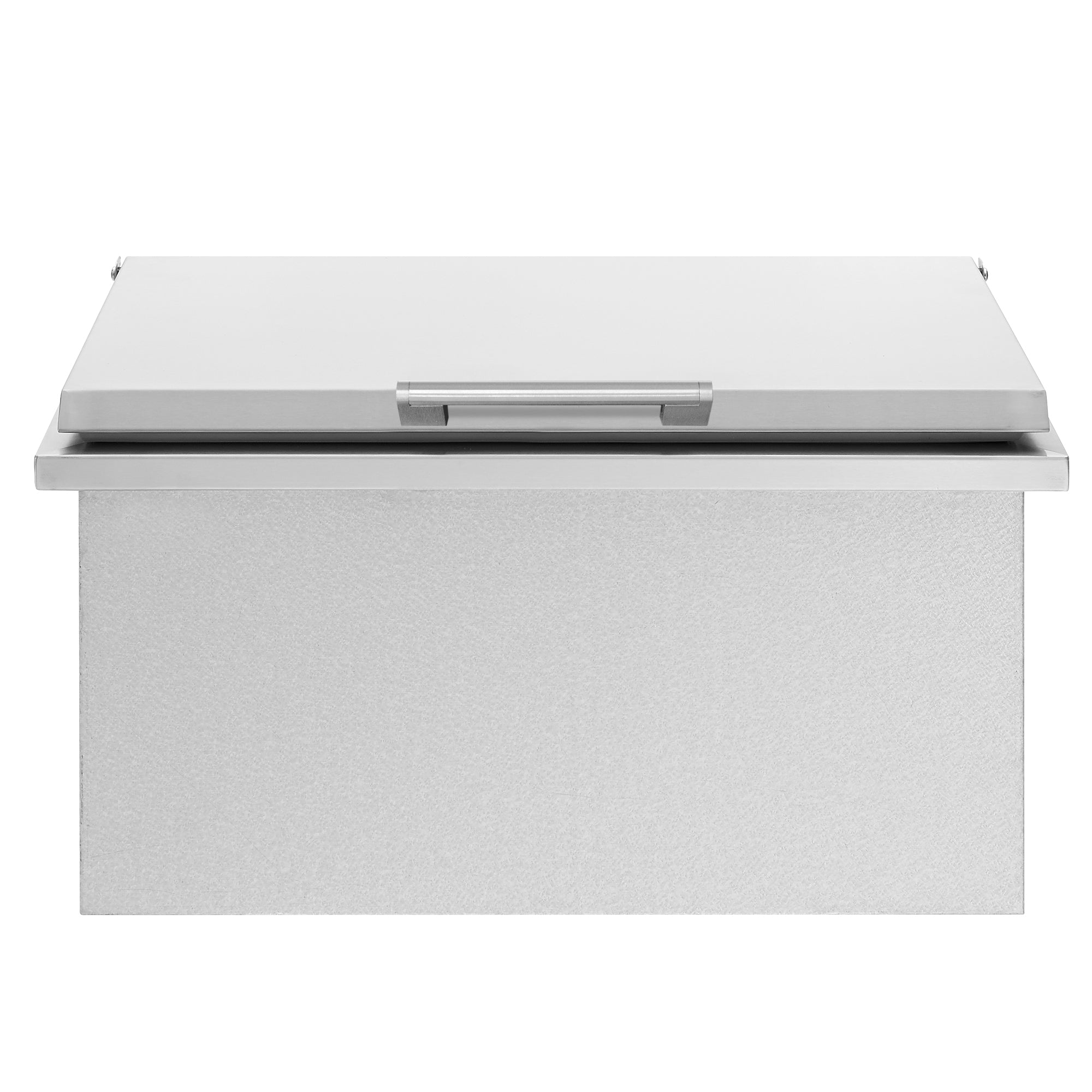 Stainless steel drop-in cooler with flat lid and front latch, light gray exterior