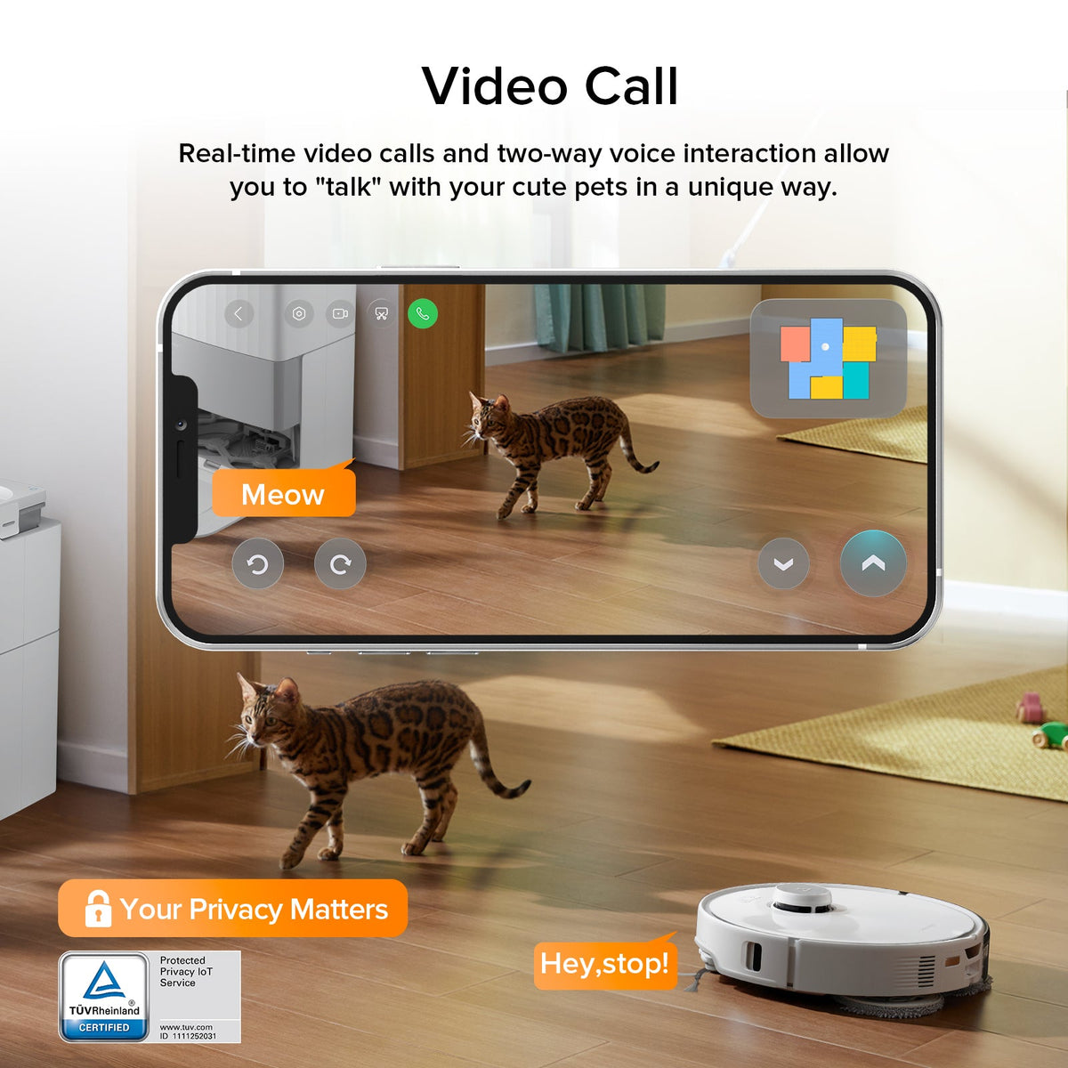 Roborock robot vacuum with app video call view on smartphone for remote monitoring