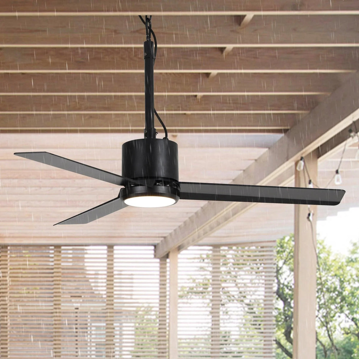 Black 42-inch ceiling fan with LED light, three-blade view from below