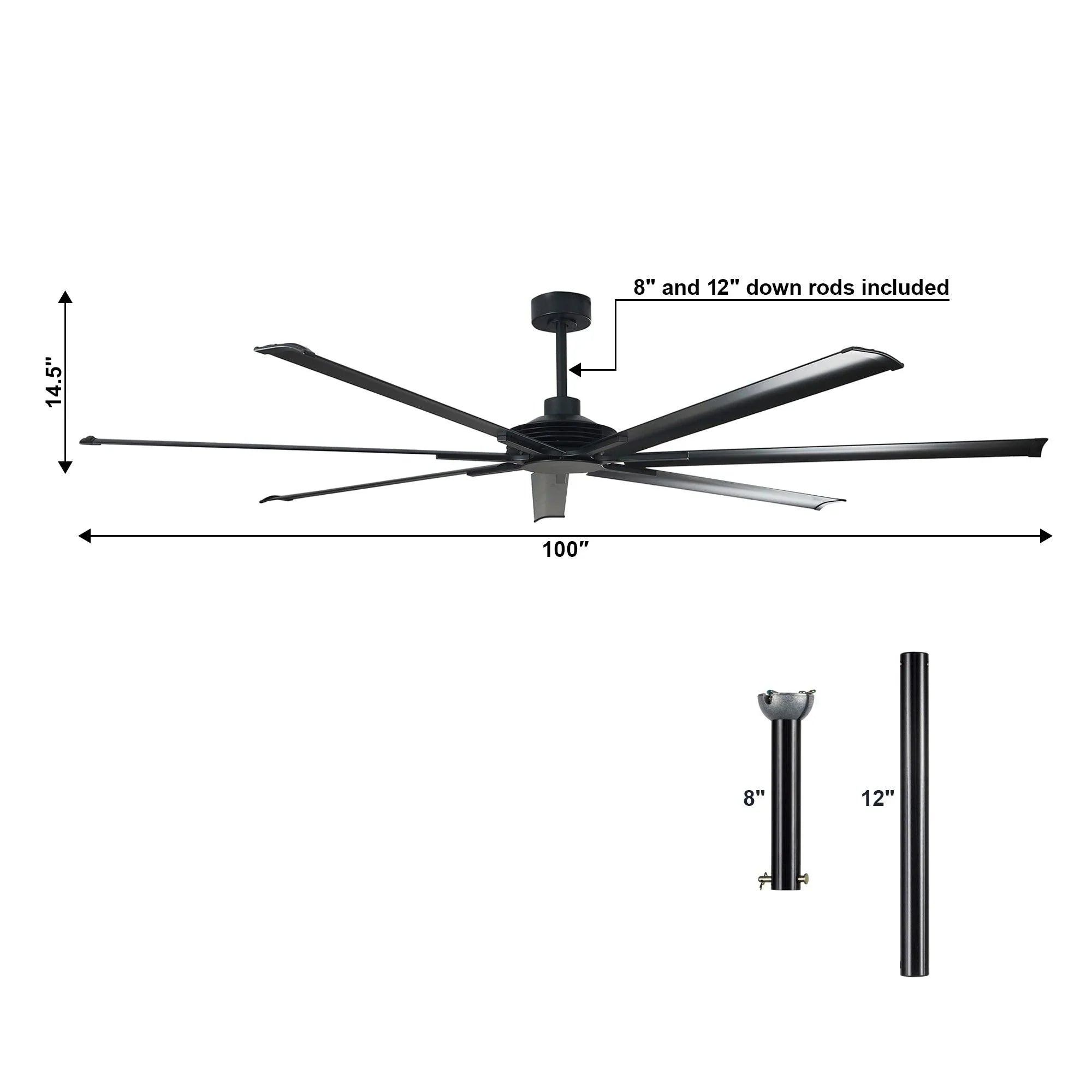Black ceiling fan with five blades and included 8 in and 12 in downrods