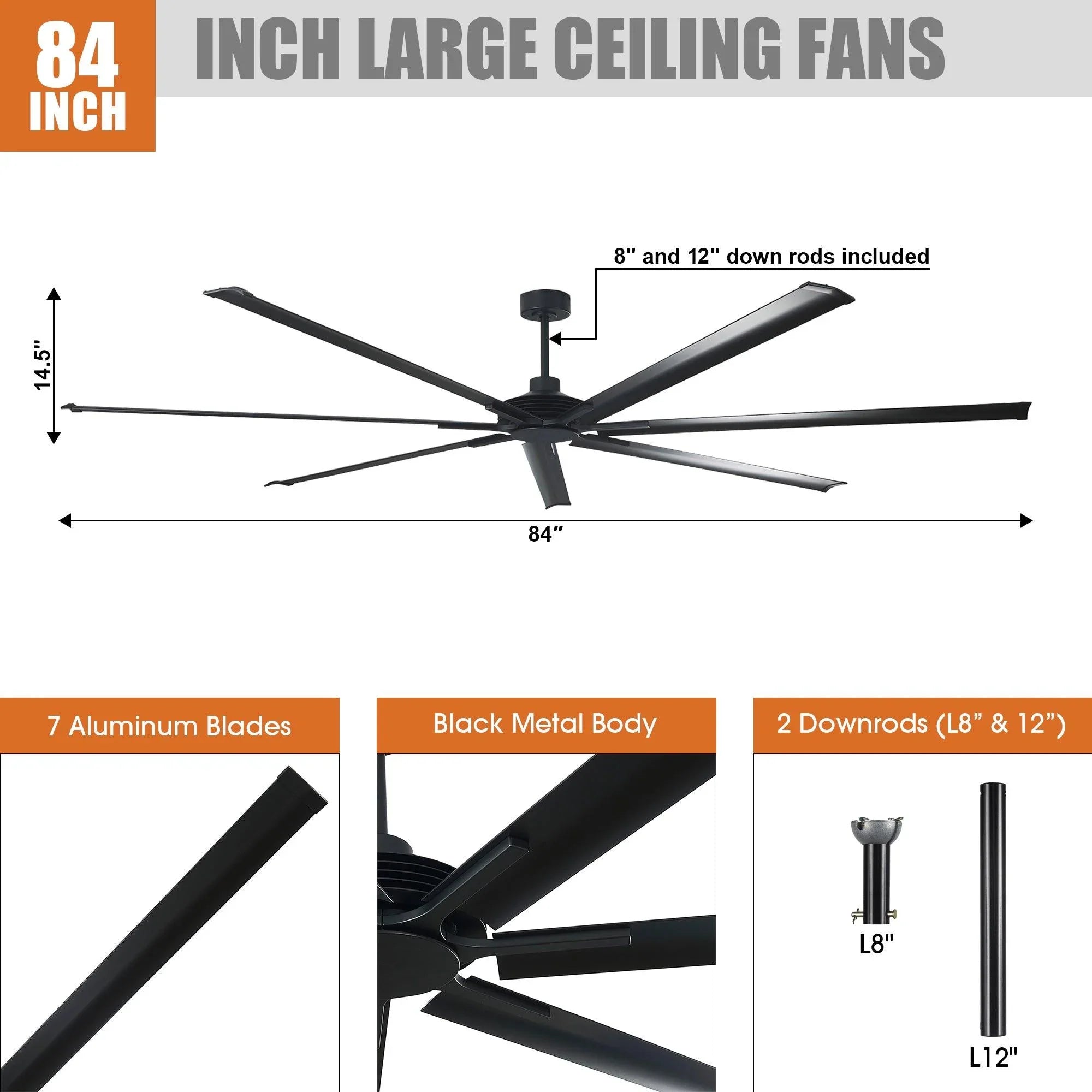 84-inch large ceiling fan diagram showing seven blades and black metal body