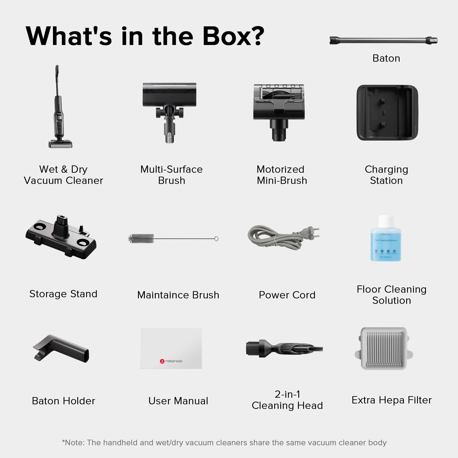 Vacuum cleaner box contents with wet/dry unit, cleaning heads, charging station, and filter