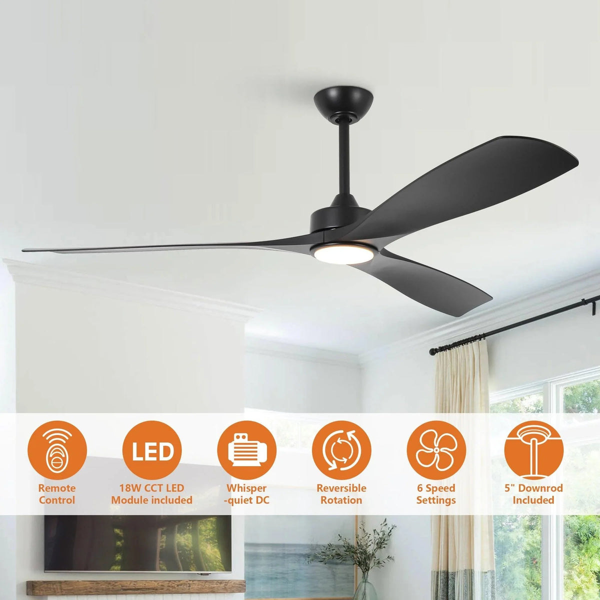 Ceiling fan with LED light, black housing and black blades with remote-ready controls