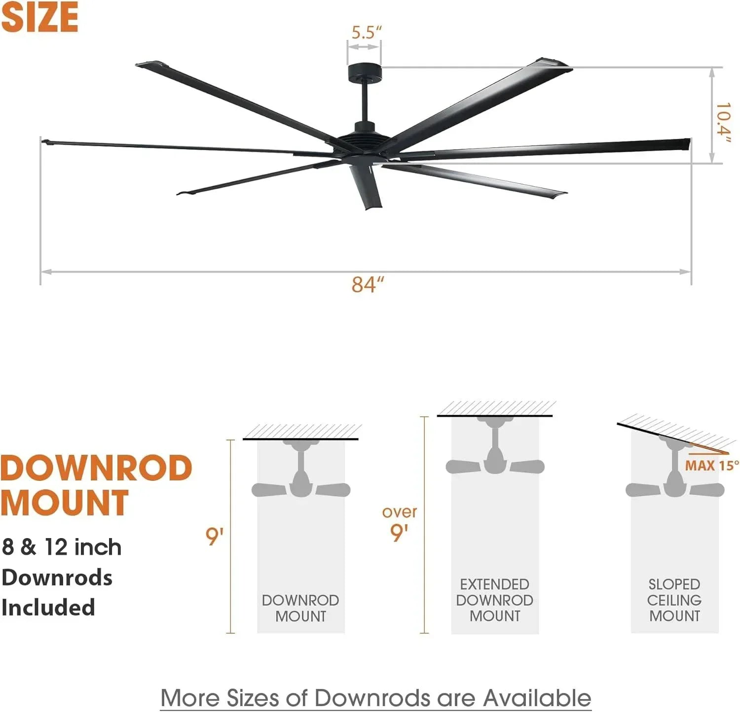 84-inch ceiling fan size graphic with downrod mount options for ceilings