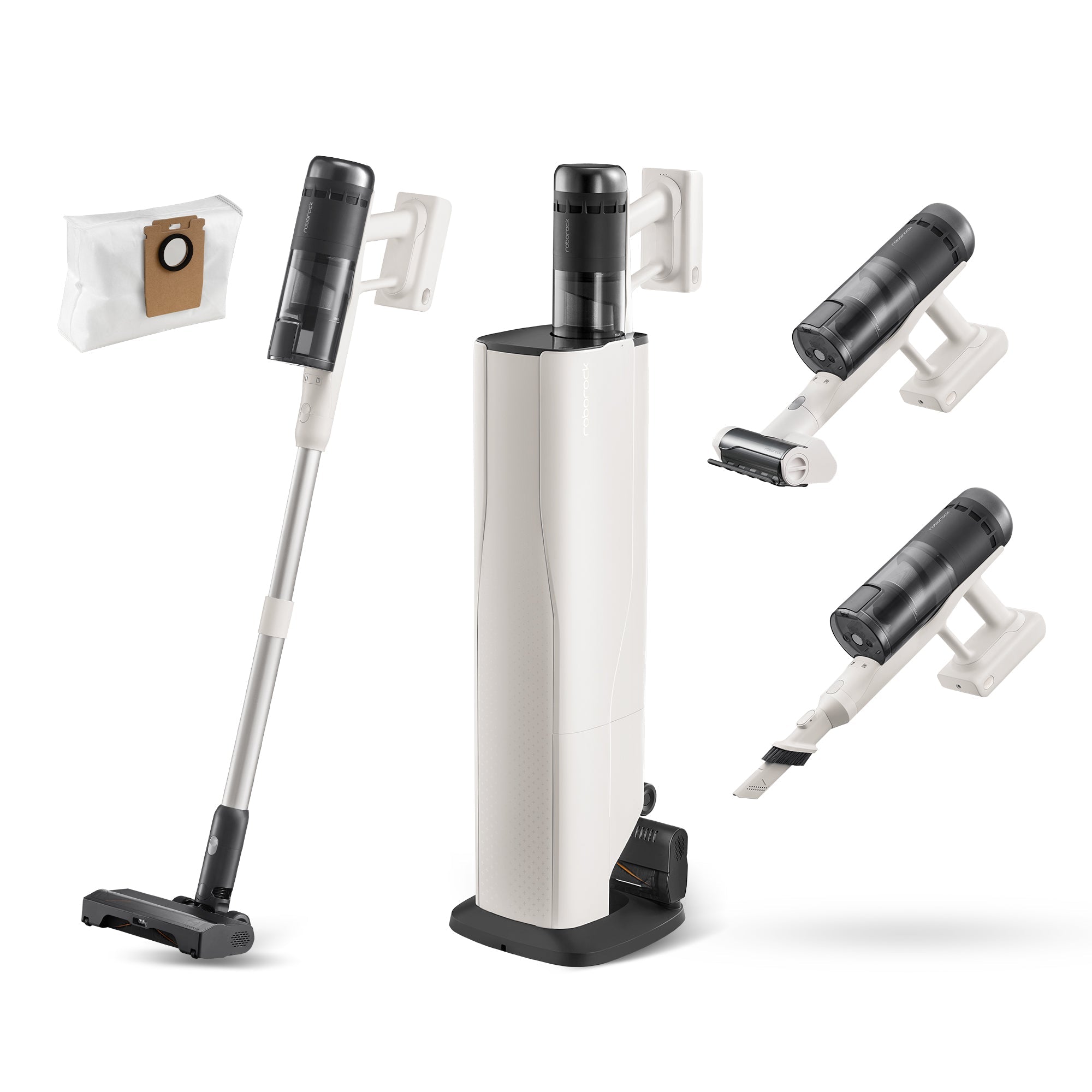 White cordless stick vacuum with auto-empty dock and floor nozzle attachments