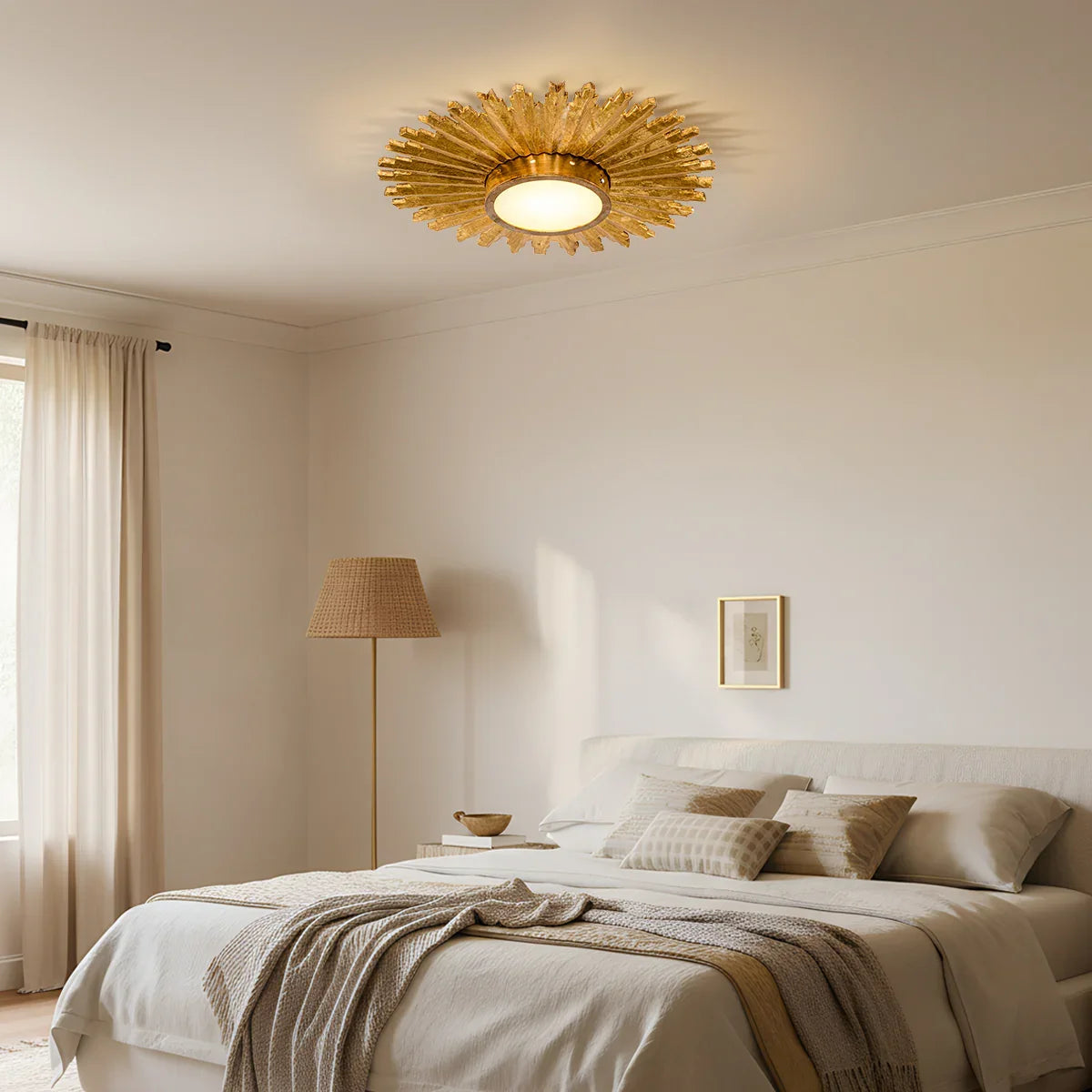 Golden sunburst flush mount LED ceiling light centered on the ceiling