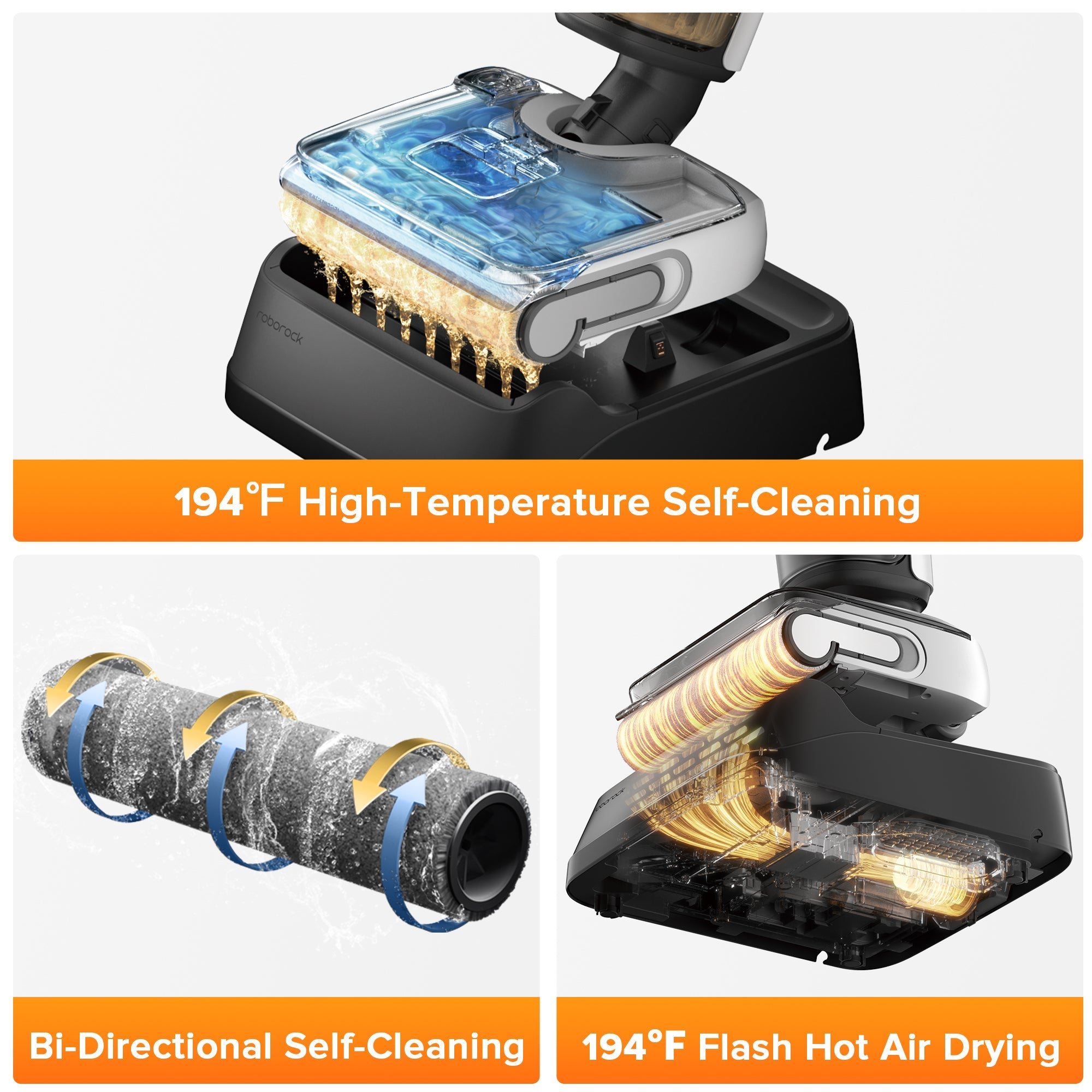 Wet and dry vacuum cleaner nozzle with self-cleaning brush and hot-air drying, black