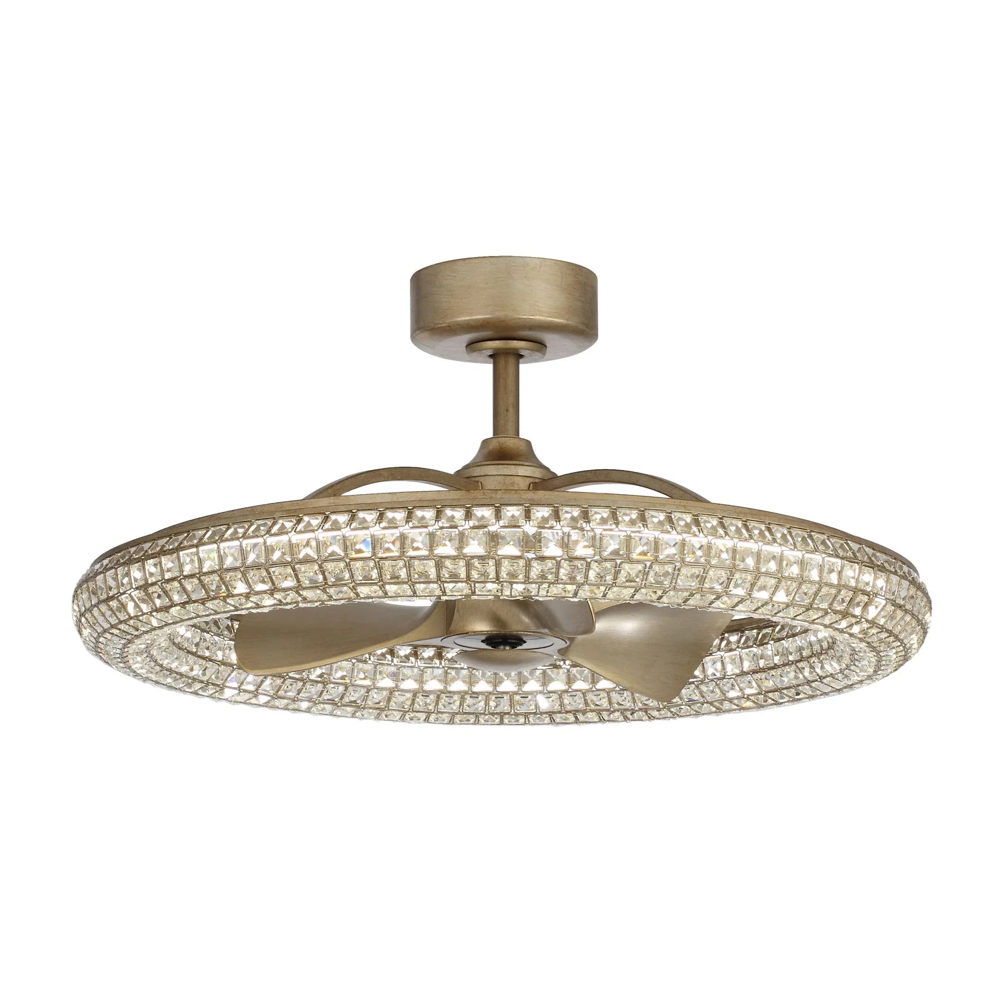 Golden ceiling fan with crystal light ring, three blades, and downrod canopy for mounting.