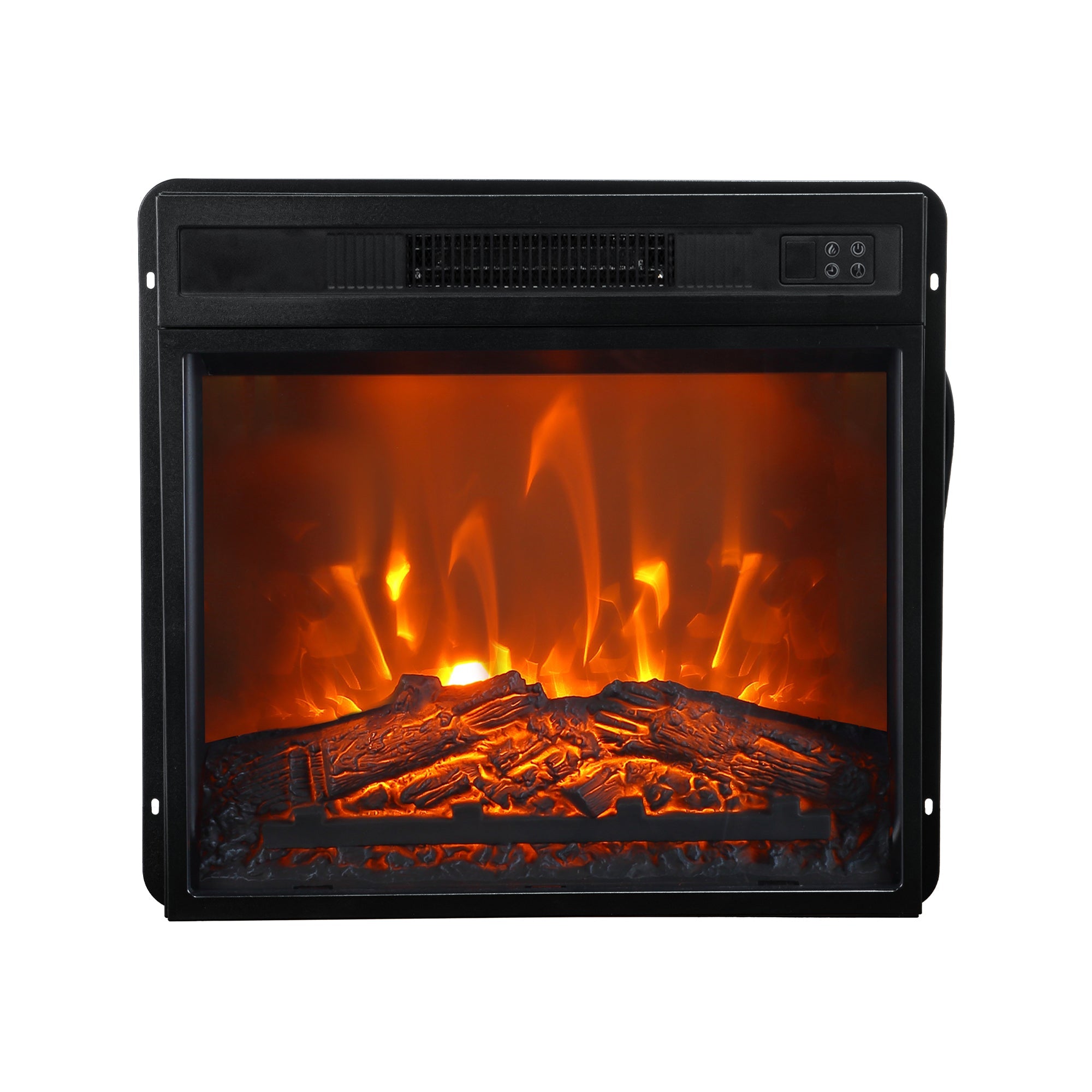 Black electric fireplace insert with glowing flame display and log set