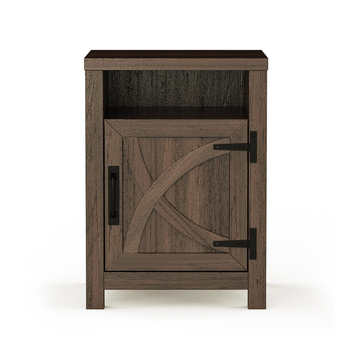 Dark brown farmhouse nightstand with single drawer and decorative door panel